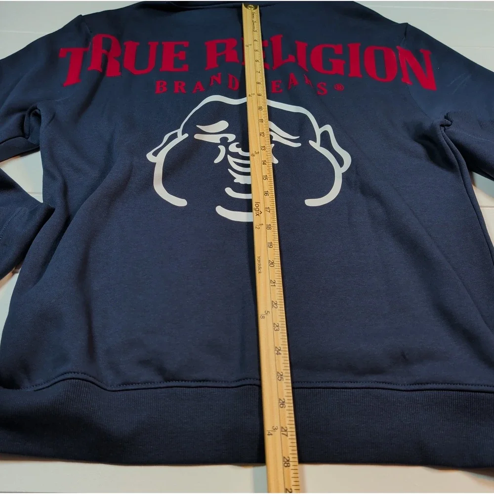 True Religion Zip Hoodie Mens Large Navy Blue Buddha Graphic Logo 106659